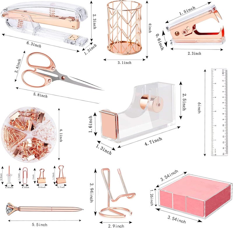 Famassi Rose Gold Office Supplies and Accessories, Acrylic Stapler, Staple Remover, Tape Holder, Ballpoint Pen, Scissor, Binder Clips, Staples, Phone Holder, Ruler, Transparent Glue and 300 Notes - Image 2